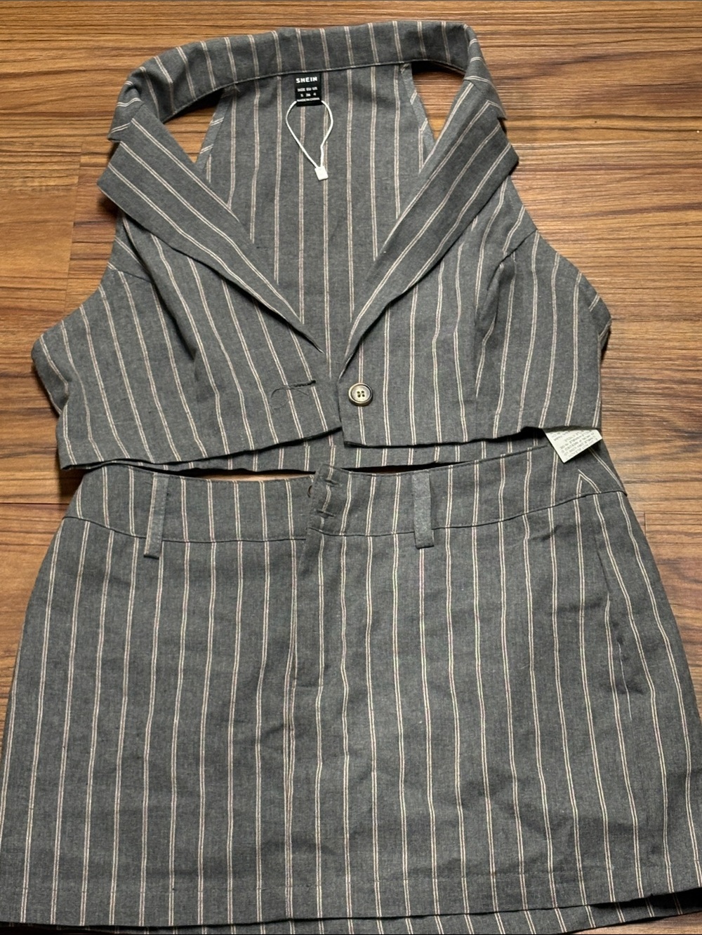 SHEIN Gray Pinstripe Vest with White and Brown Stripes. The bottom is a skirt